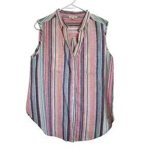 Max Studio Women's White/Pink/Navy/Aqua Striped Cotton Sleeveless Button Down To